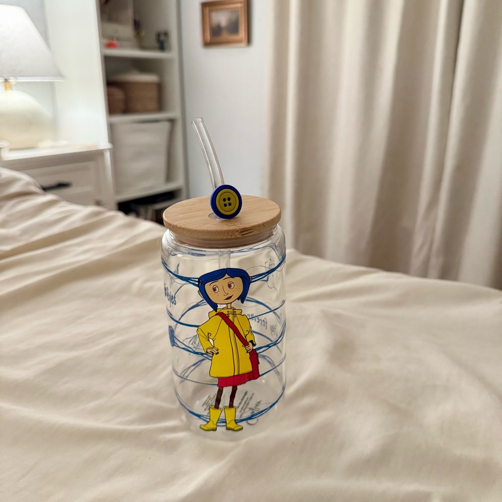 Coraline Themed Glass Tumbler with Glass Straw.